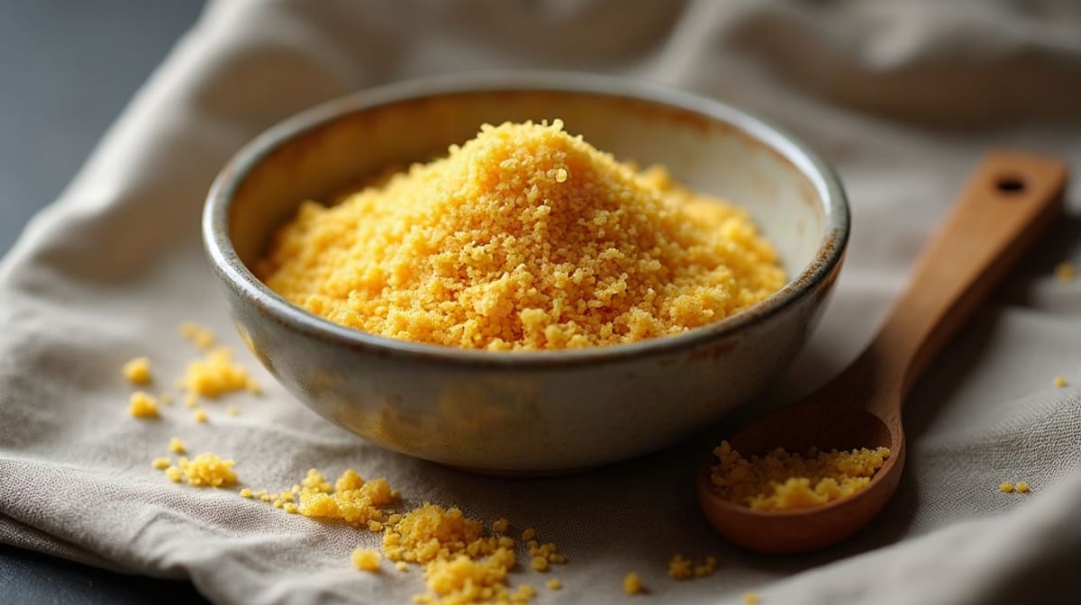Un bol de paillettes de levure de bière et une cuillère en bois sur une nappe en lin