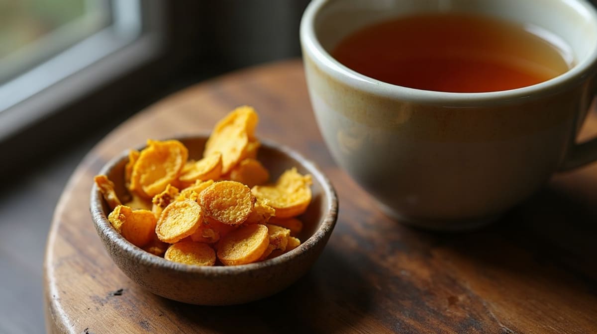 Des rondelles séchées de racine de rhodiola dans une coupelle, à côté d’une tasse de tisane