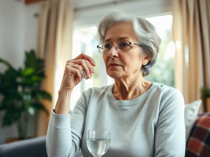 Femme tenant une gélule avec un verre d’eau