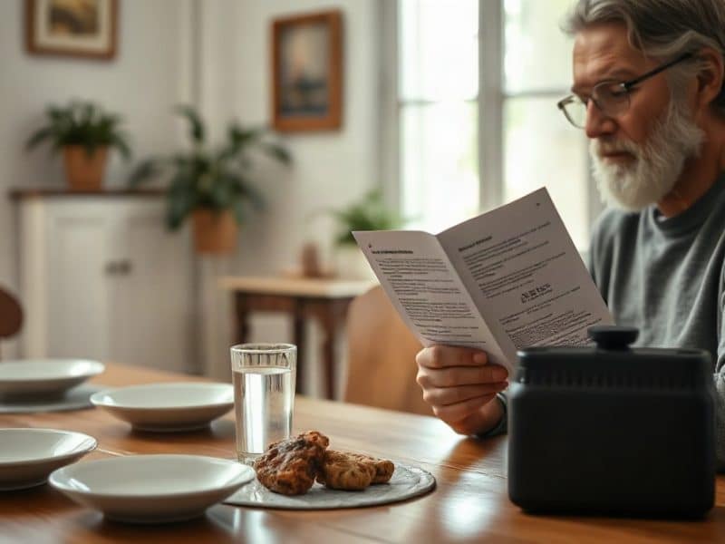 Homme lisant une notice à une table dressée