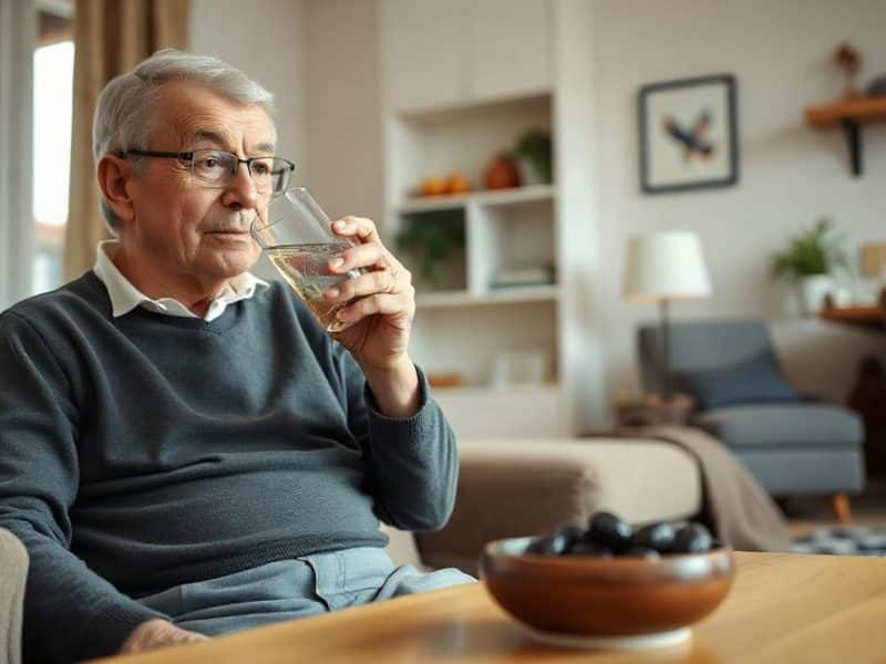 Homme âgé buvant un verre d’eau dans son salon