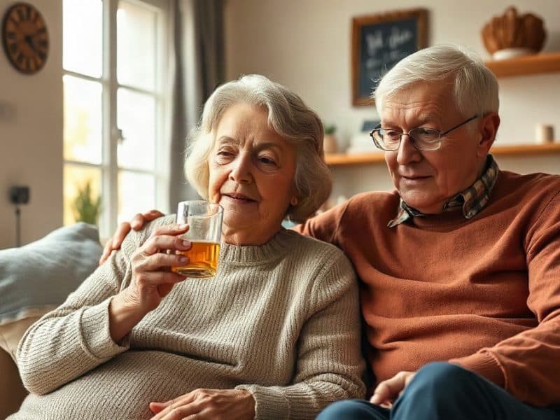Couple âgé sur un canapé, la femme buvant un verre
