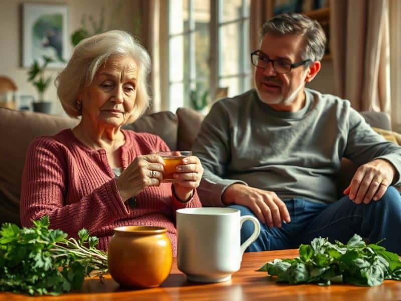 Plantes fraîches et tisane sur une table basse