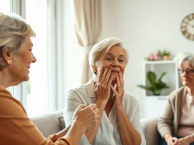 Trois femmes âgées discutent assises dans un salon