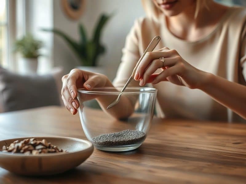 Femme remuant des graines dans un bol d’eau à table