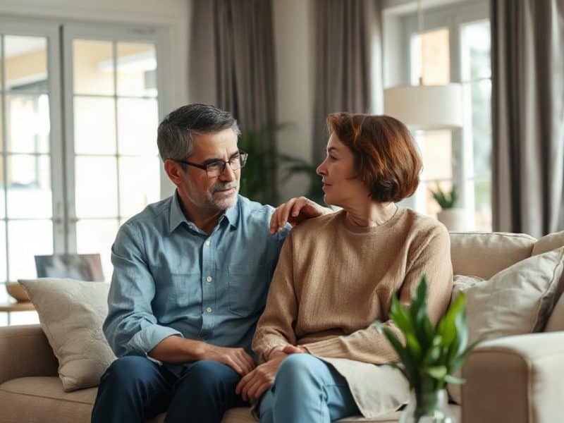 Couple discutant calmement dans un salon