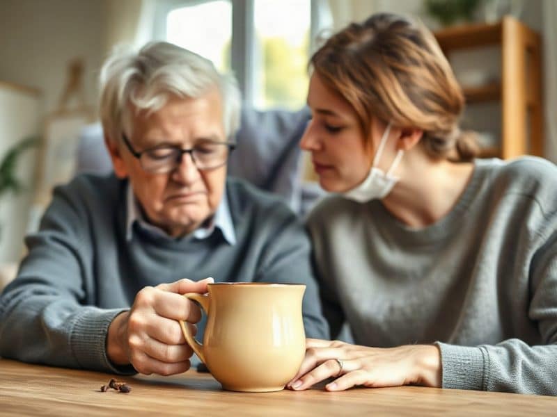 Homme âgé tenant une tasse près d’une femme attentive